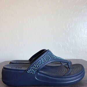 Crocs Monterey Diamante Embellished Wedge Flip Flop Sandals Blue/Teal Women's 8